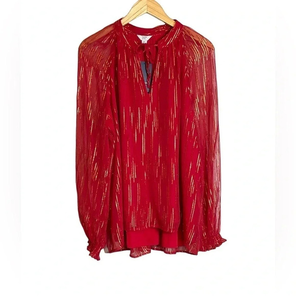 Crown & Ivy | Foil Peasant Top Long Sleeves Keyhole Tie Neck Holiday Lined - Picture 2 of 7